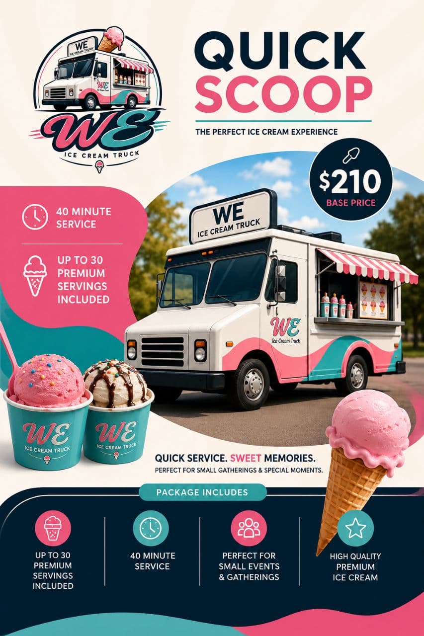 Rent our Quick Scoop for your event in MA Quick Scoop - Ice cream truck rental and catering package in Massachusetts